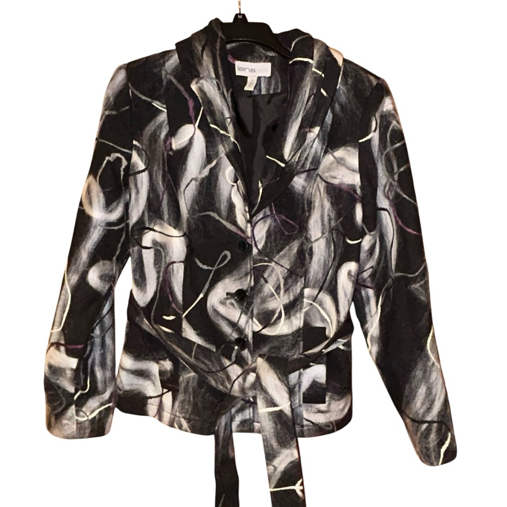 Lana Lee Wool Blend Belted Blazer Jacket Abstract Art Women’s 12 Black White